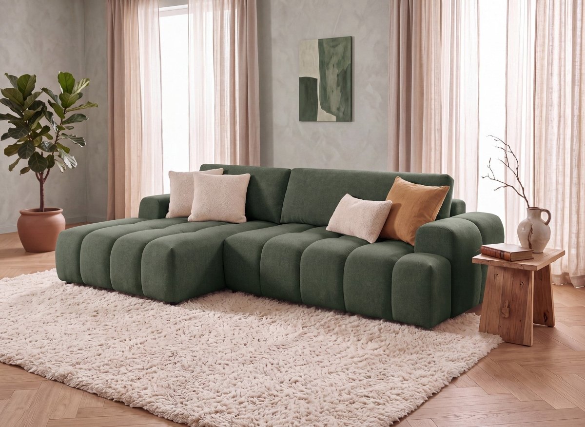 Canapé d'angle convertible avec coffre en tissu texturé vert olive BERENICE - Angle gauche - DécoInParis