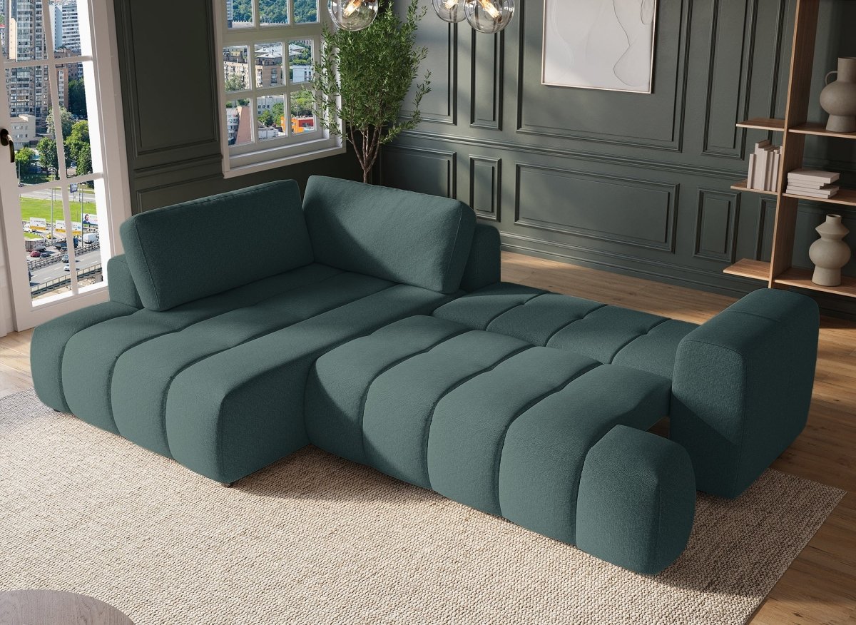 Canapé d'angle convertible avec coffre en tissu vert olive HAVEN - Angle gauche - DécoInParis