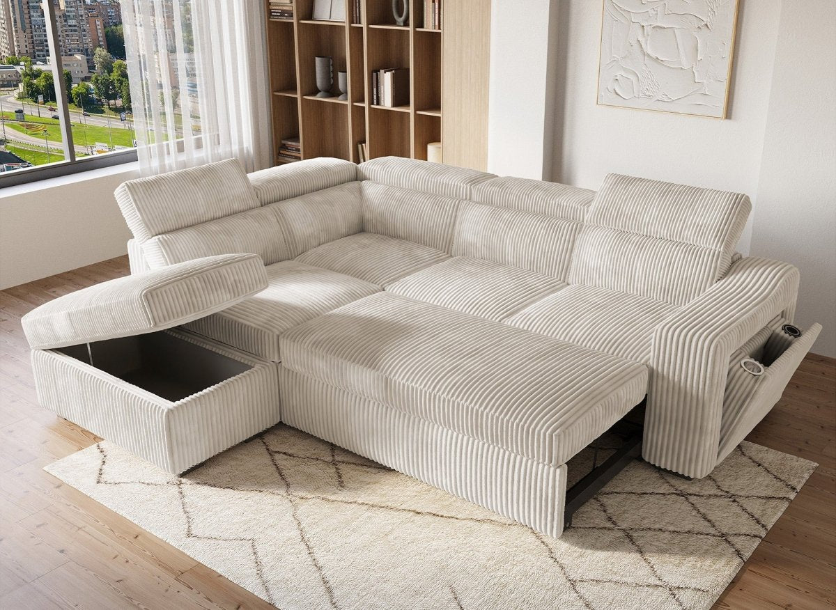 Canapé d'angle convertible avec coffre en velours beige côtelé MARTY - Angle gauche - DécoInParis