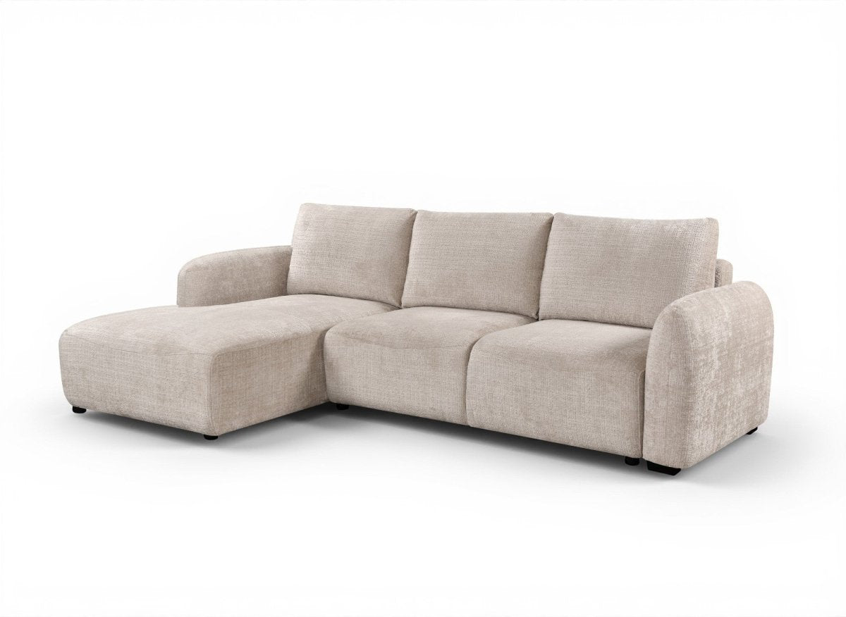 Canapé d'angle convertible avec coffre en velours chiné beige MARLA - Angle gauche - DécoInParis