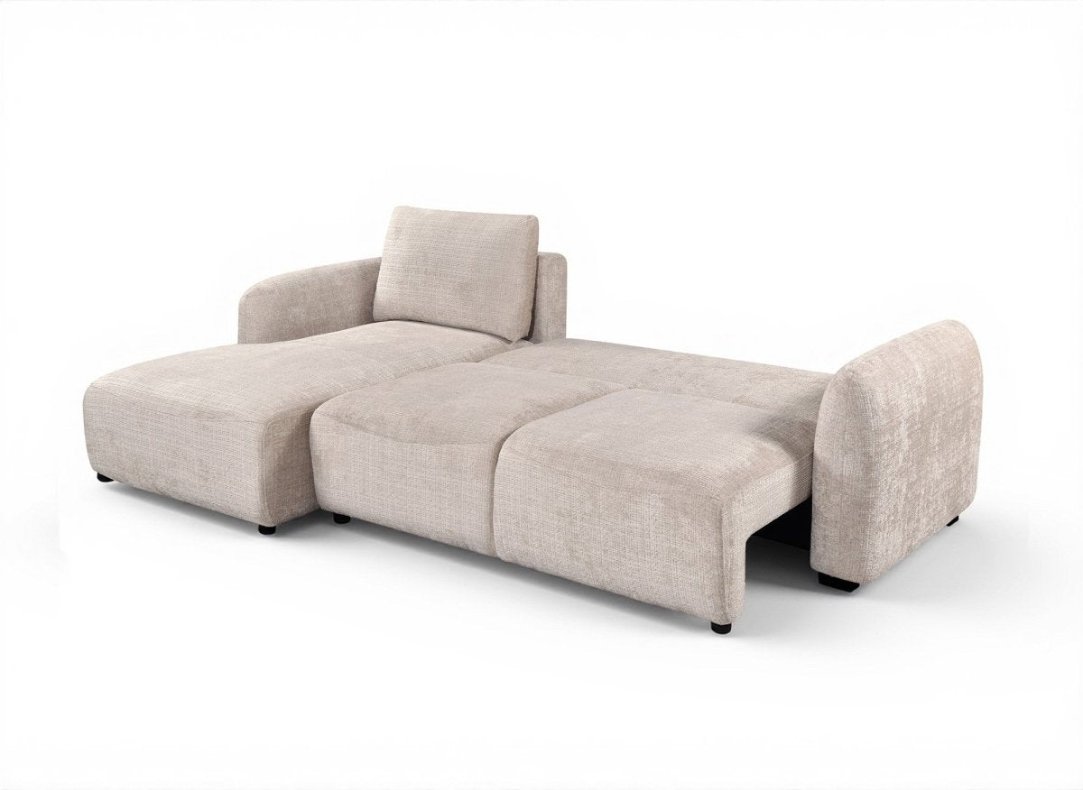 Canapé d'angle convertible avec coffre en velours chiné beige MARLA - Angle gauche - DécoInParis