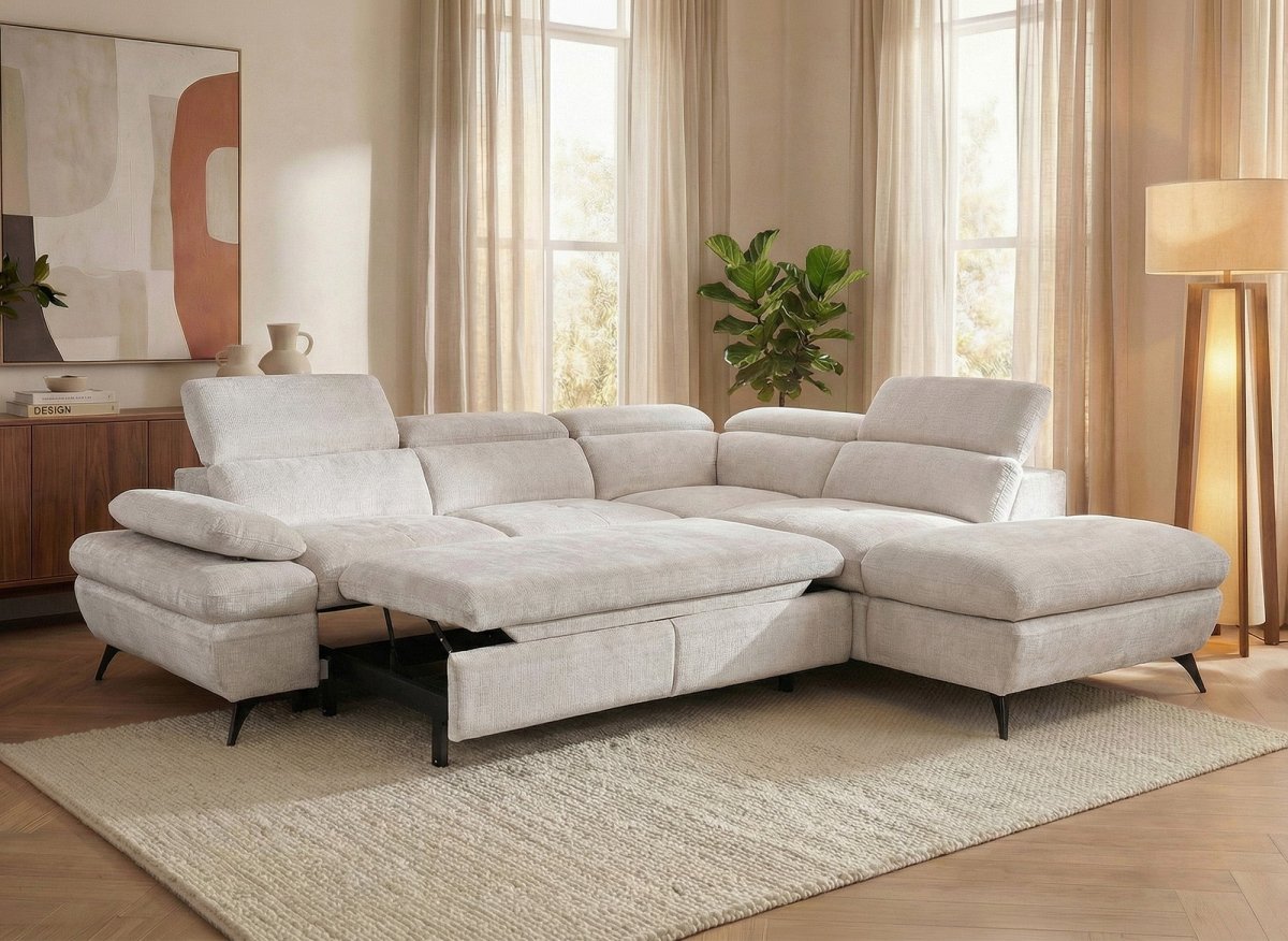 Canapé d'angle convertible avec coffre en velours chiné blanc écru LUFY - Angle droit - DécoInParis