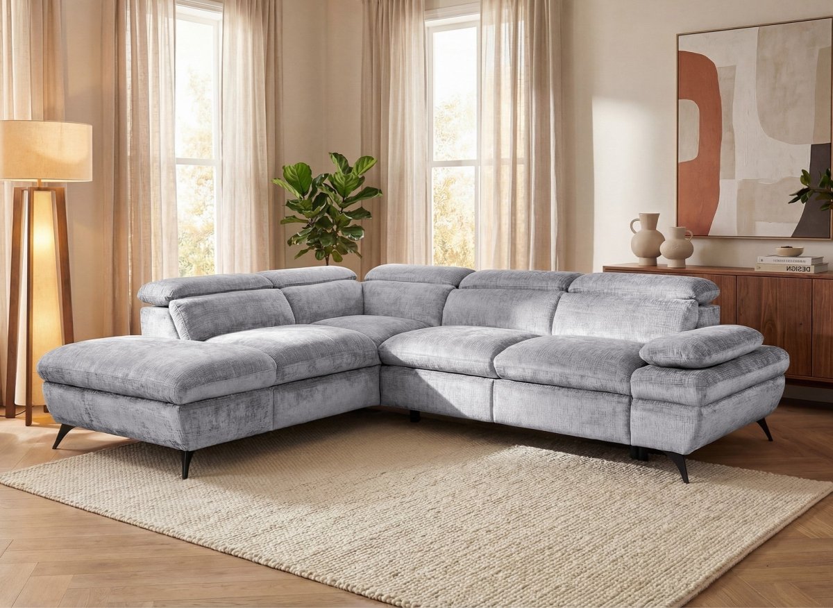 Canapé d'angle convertible avec coffre en velours chiné gris LUFY - Angle gauche - DécoInParis