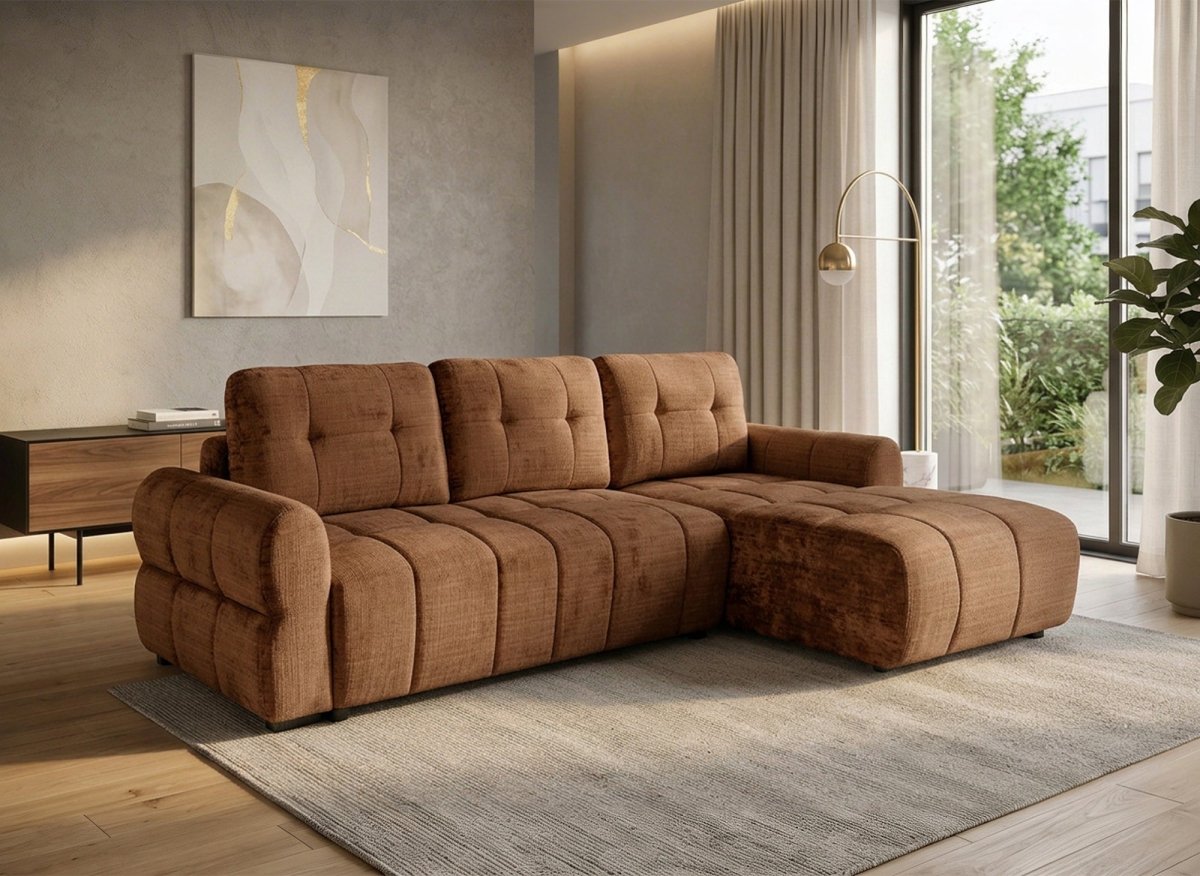 Canapé d'angle convertible avec coffre en velours chiné terracotta MAHLONE - Angle droit - DécoInParis