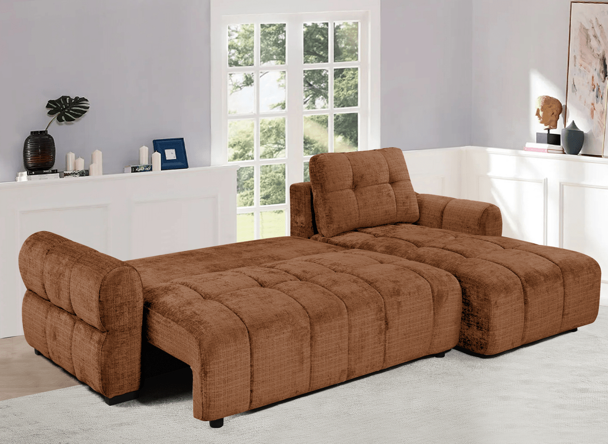 Canapé d'angle convertible avec coffre en velours chiné terracotta MAHLONE - Angle droit - DécoInParis