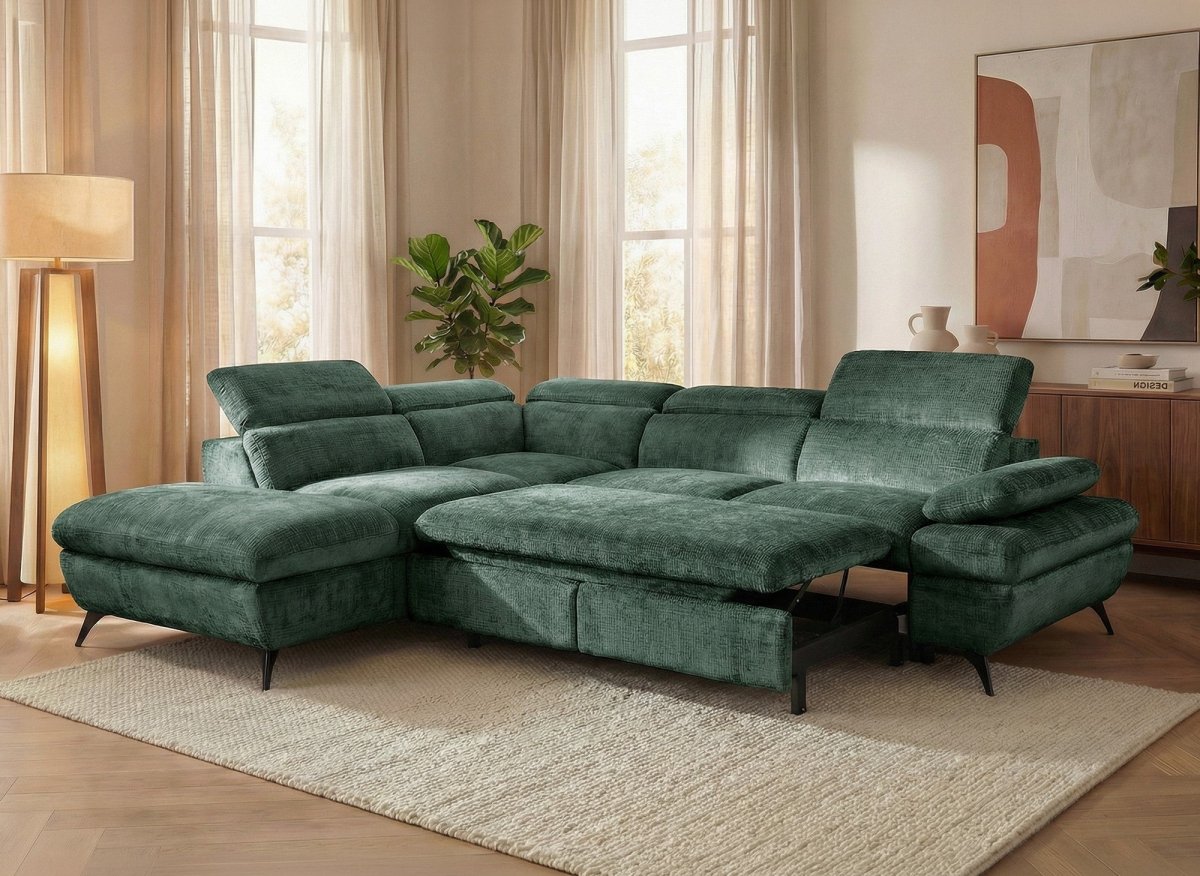 Canapé d'angle convertible avec coffre en velours chiné vert LUFY - Angle gauche - DécoInParis