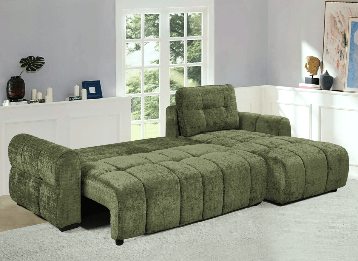 Canapé d'angle convertible avec coffre en velours chiné vert olive MAHLONE - Angle droit - DécoInParis