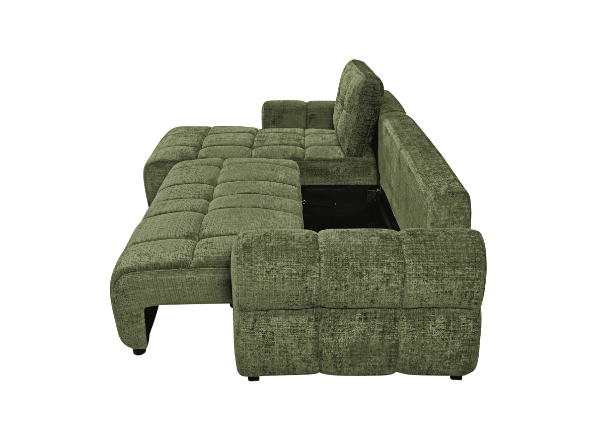 Canapé d'angle convertible avec coffre en velours chiné vert olive MAHLONE - Angle gauche - DécoInParis