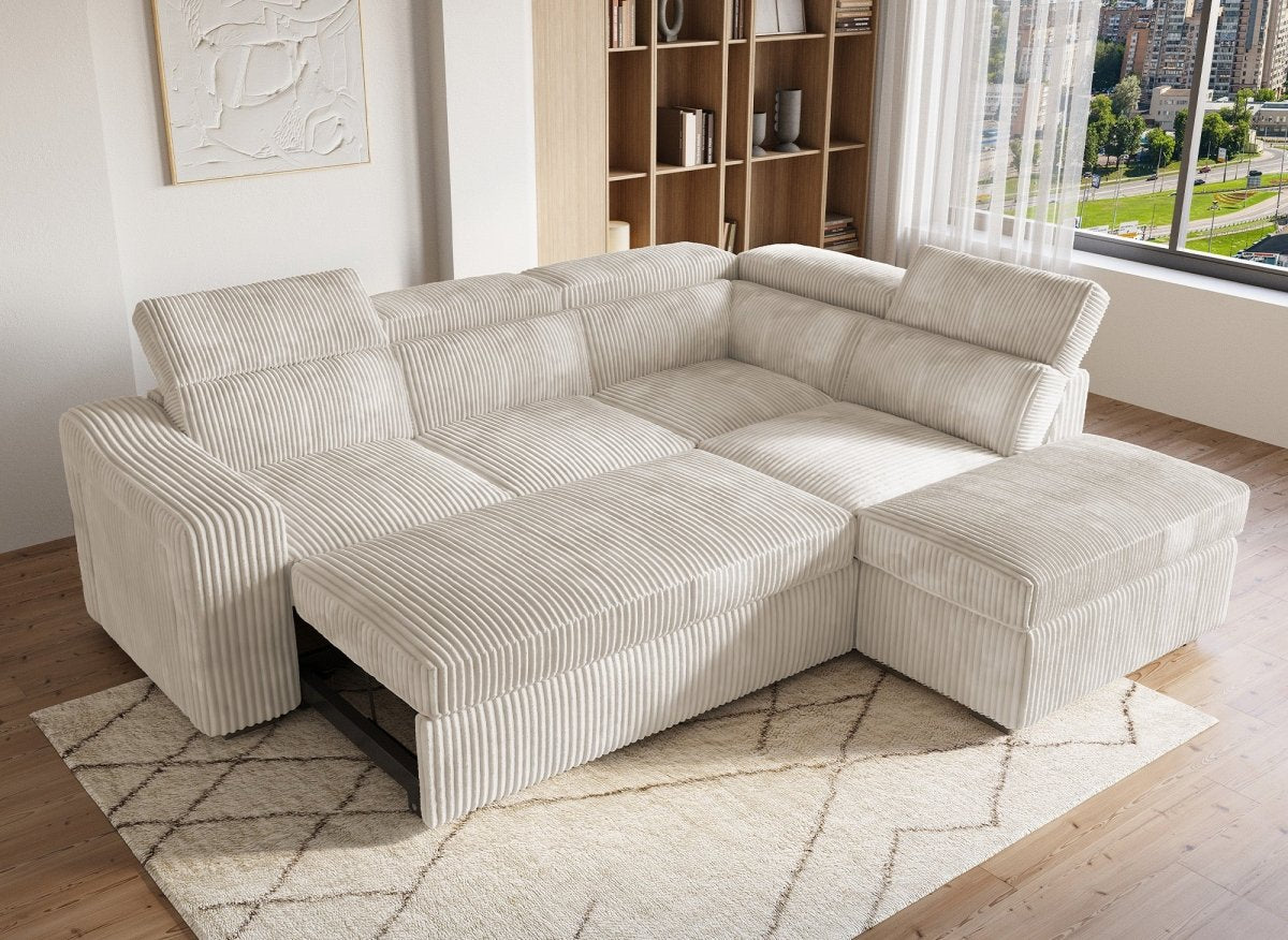 Canapé d'angle convertible avec coffre en velours côtelé beige MARTY - Angle droit - DécoInParis