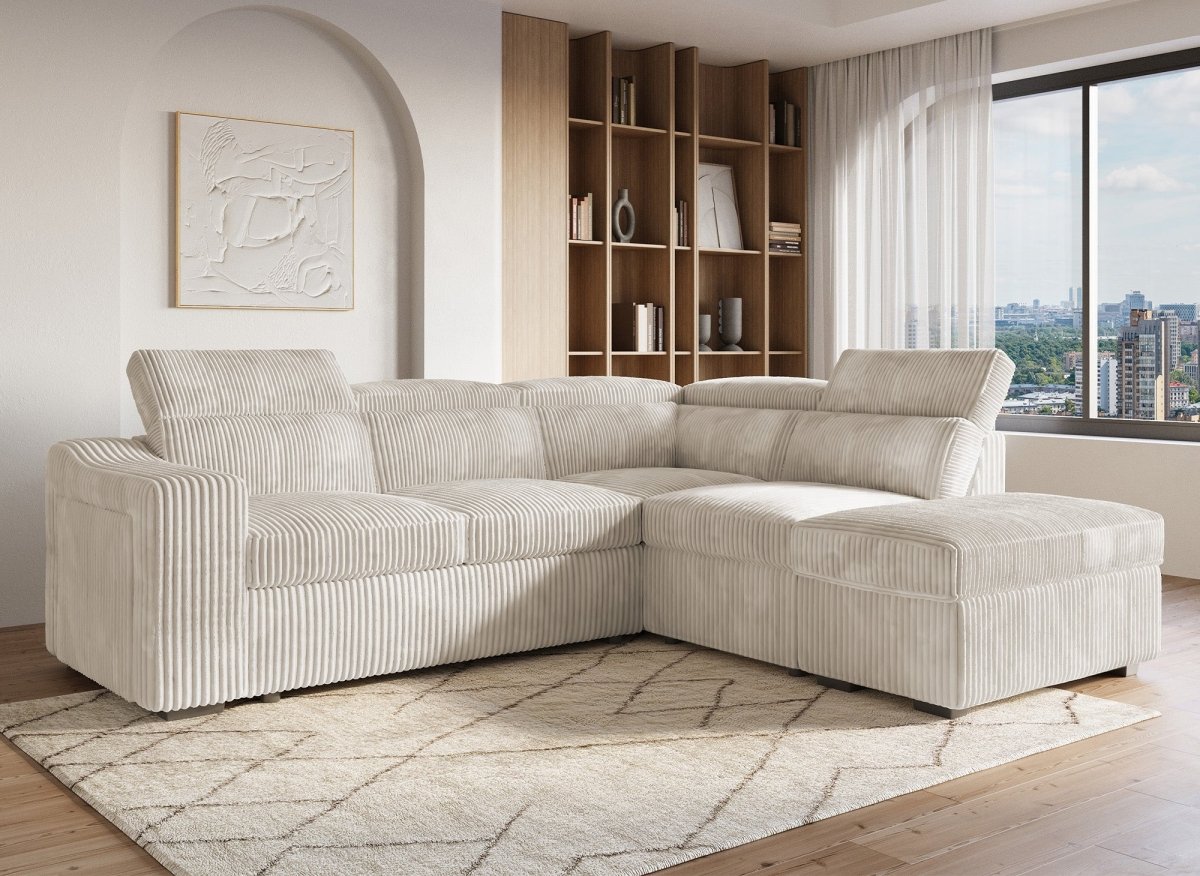 Canapé d'angle convertible avec coffre en velours côtelé beige MARTY - Angle droit - DécoInParis