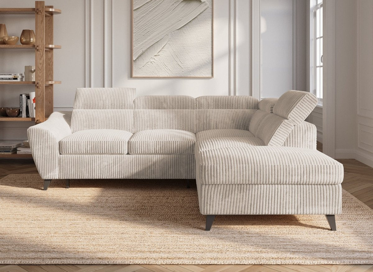 Canapé d'angle convertible avec coffre en velours côtelé épais beige DALTON - Angle droit - DécoInParis