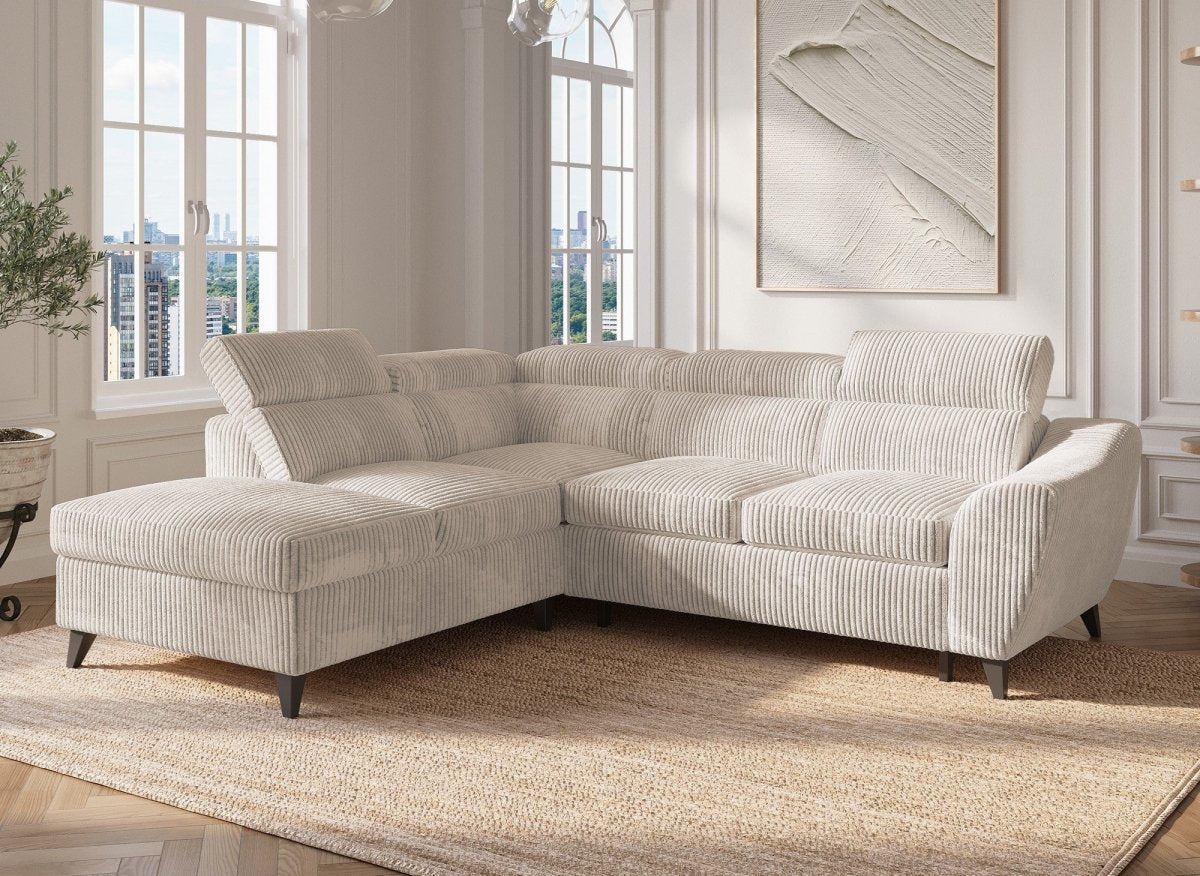 Canapé d'angle convertible avec coffre en velours côtelé épais beige DALTON - Angle gauche - DécoInParis