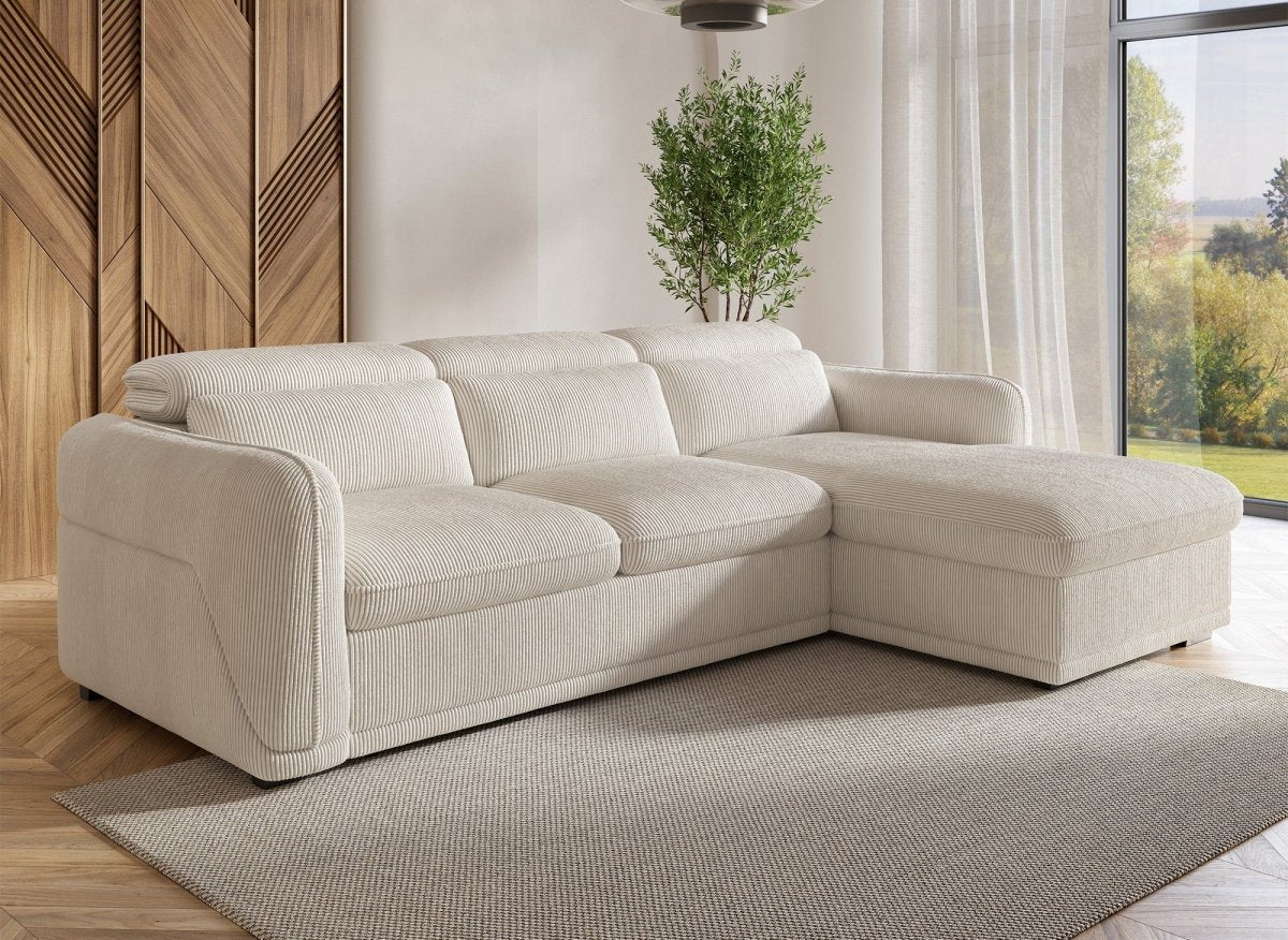 Canapé d'angle convertible avec coffre en velours côtelé épais beige PETUNIA - Angle droit - DécoInParis