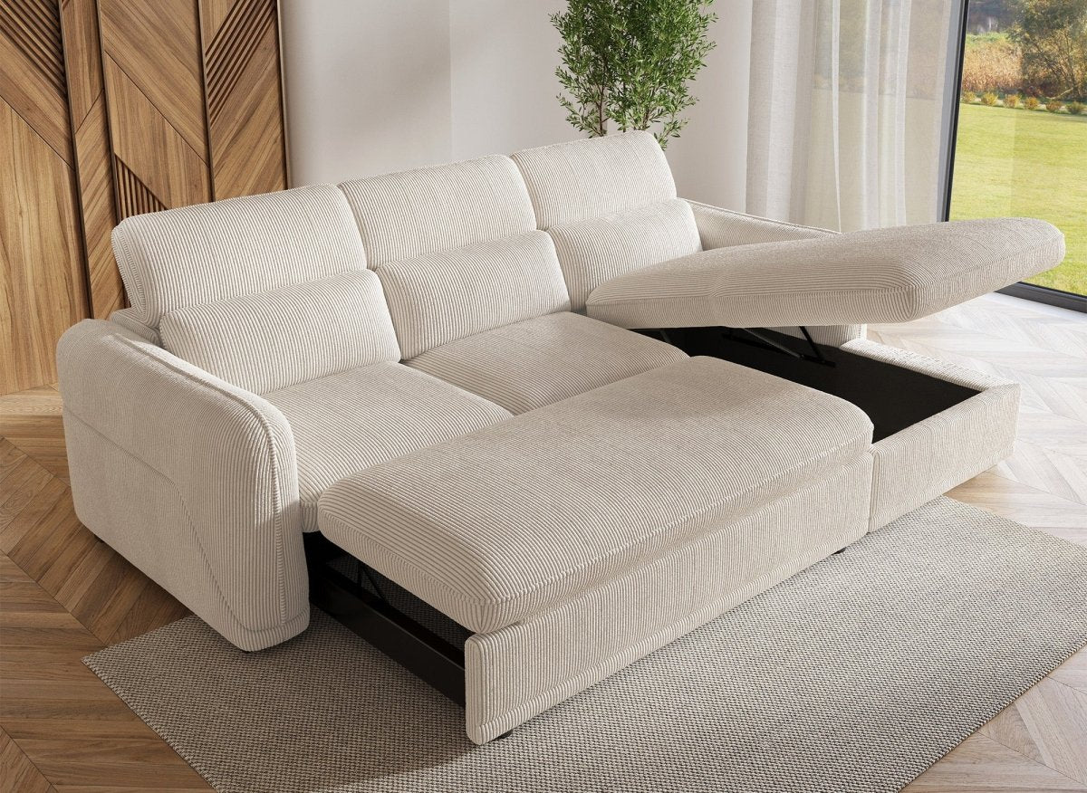 Canapé d'angle convertible avec coffre en velours côtelé épais beige PETUNIA - Angle droit - DécoInParis