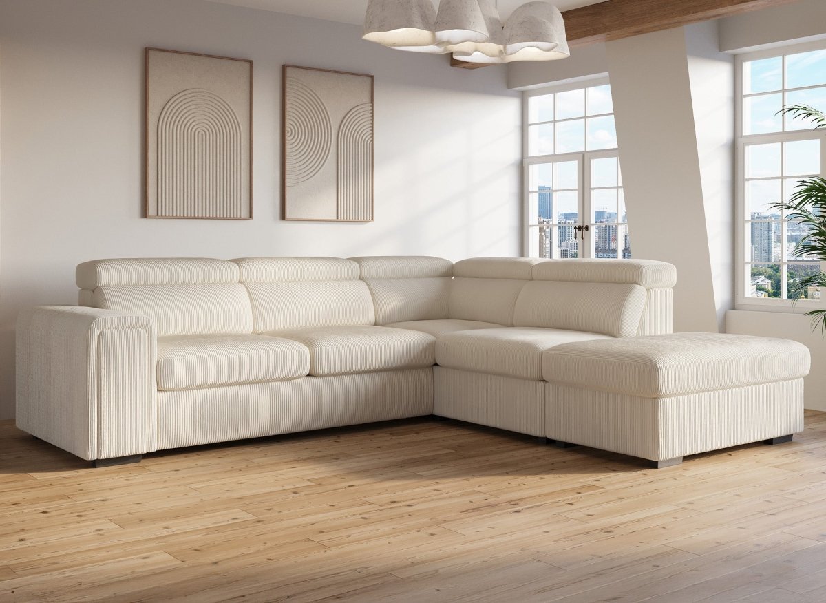 Canapé d'angle convertible avec coffre en velours côtelé épais beige ZENOVA - Angle droit - DécoInParis