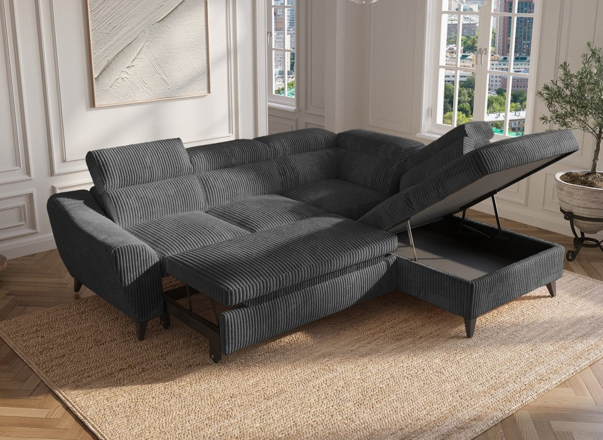Canapé d'angle convertible avec coffre en velours côtelé épais gris DALTON - Angle droit - DécoInParis