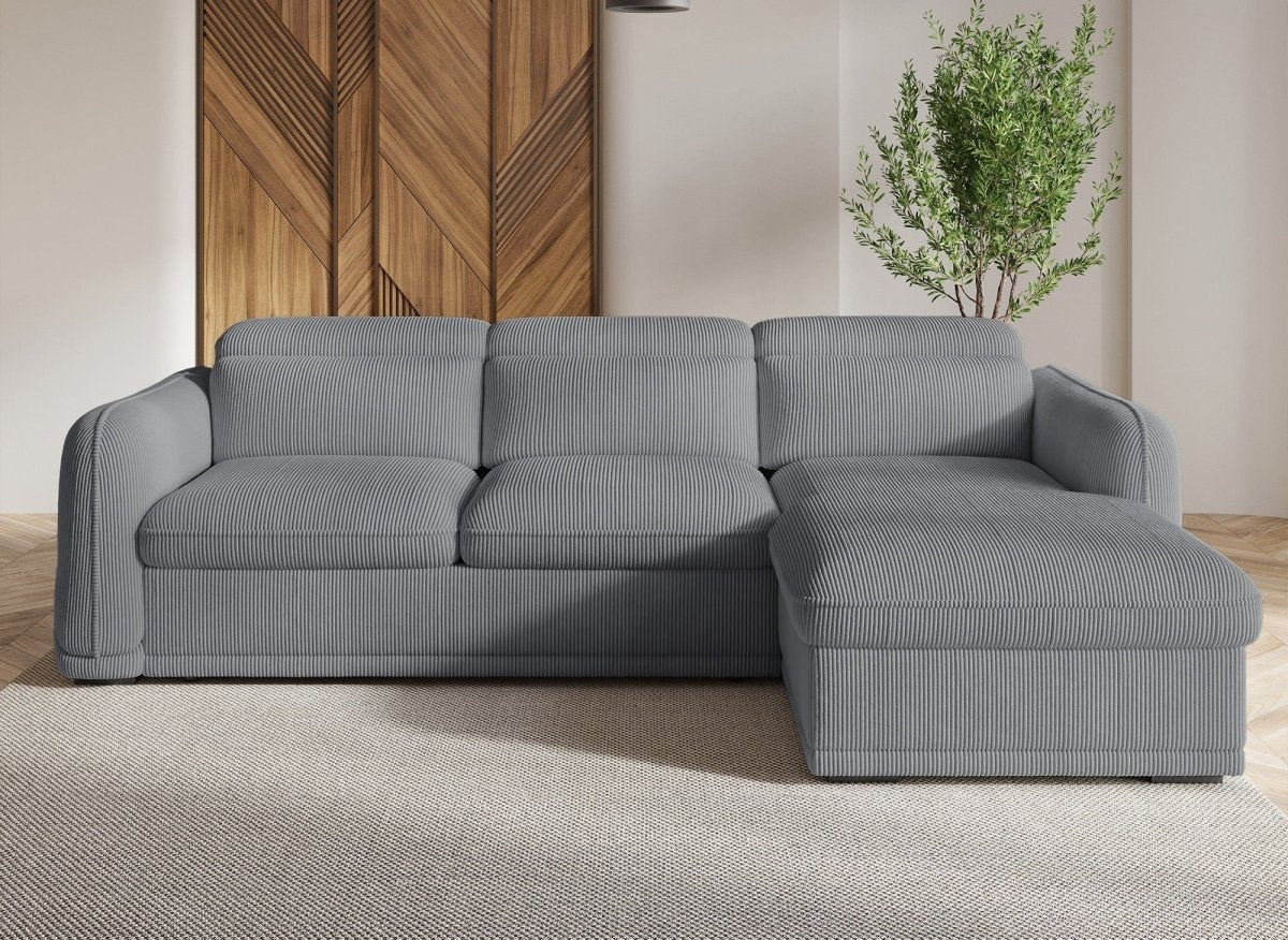 Canapé d'angle convertible avec coffre en velours côtelé épais gris PETUNIA - Angle droit - DécoInParis
