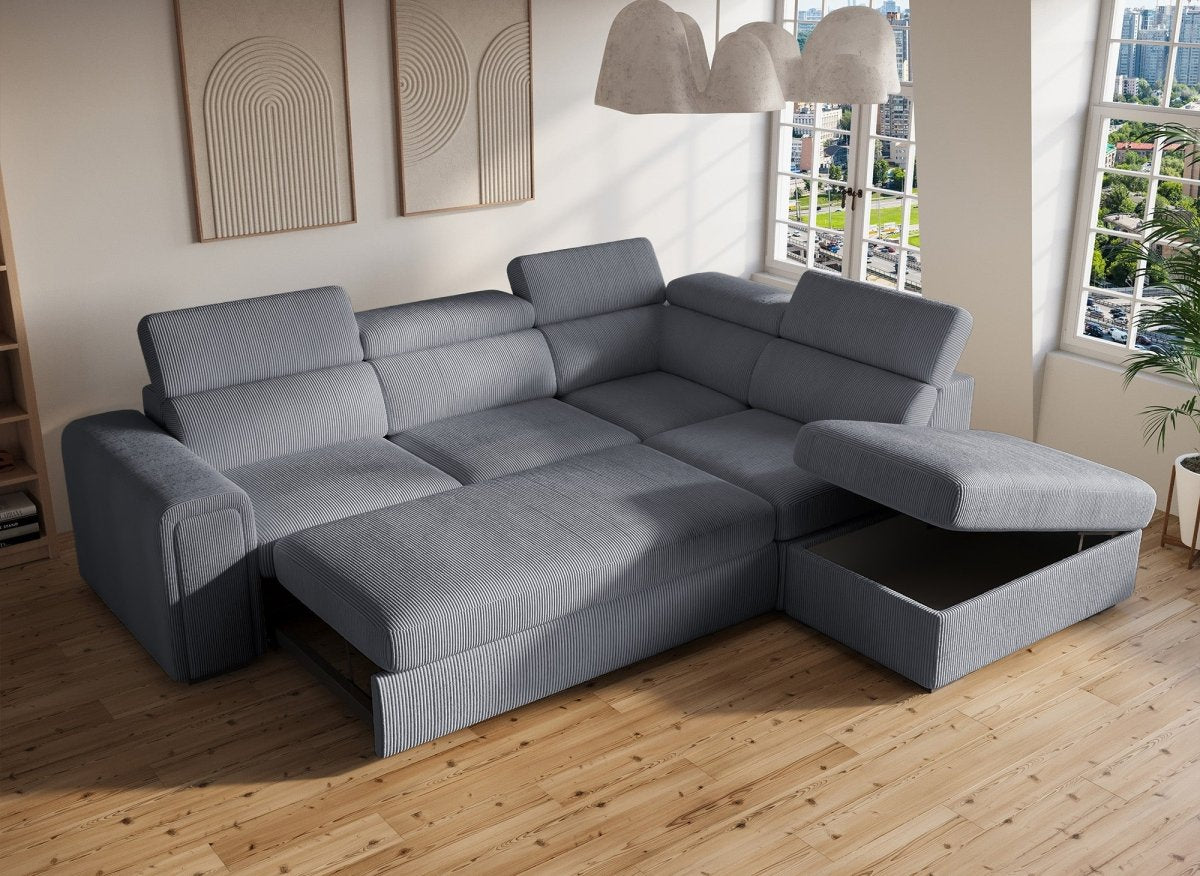 Canapé d'angle convertible avec coffre en velours côtelé épais gris ZENOVA - Angle droit - DécoInParis