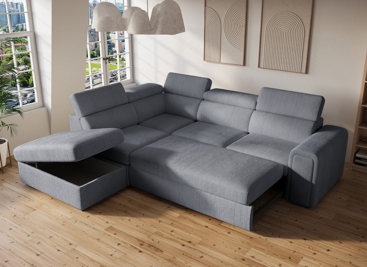 Canapé d'angle convertible avec coffre en velours côtelé épais gris ZENOVA - Angle gauche - DécoInParis