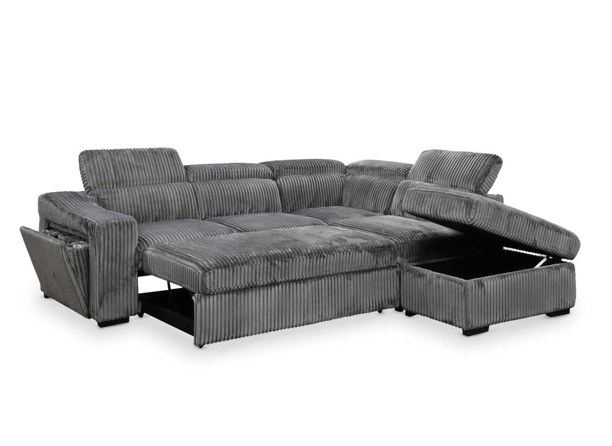 Canapé d'angle convertible avec coffre en velours côtelé gris MARTY - Angle droit - DécoInParis