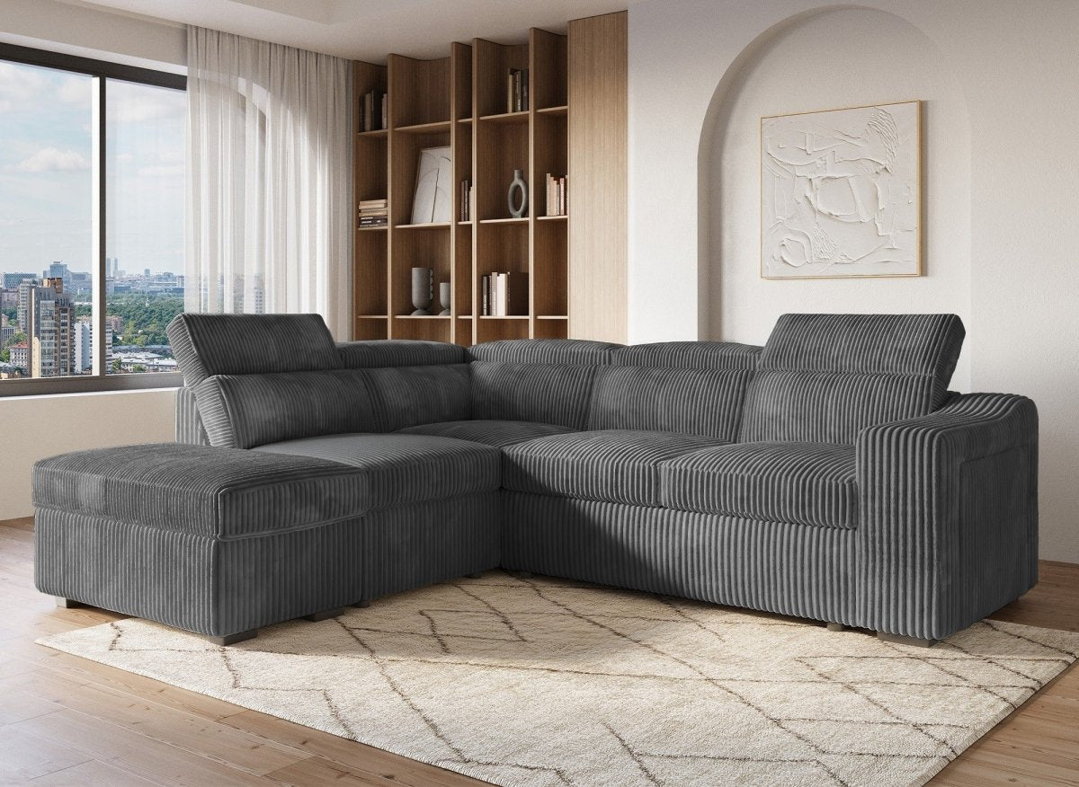 Canapé d'angle convertible avec coffre en velours côtelé gris MARTY - Angle gauche - DécoInParis