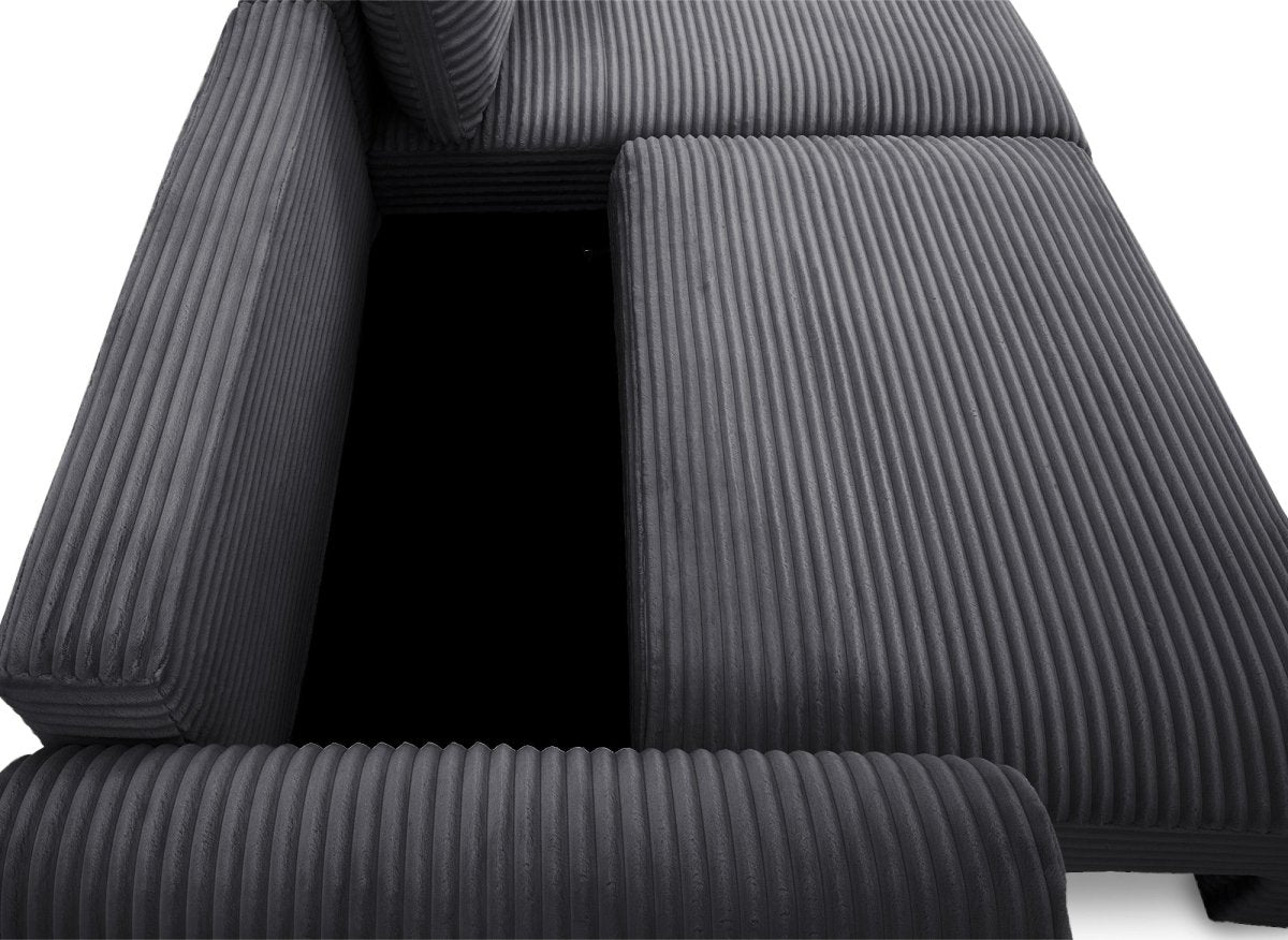 Canapé d'angle convertible avec coffre en velours gros côtelé doux gris TILDA - Angle droit - DécoInParis