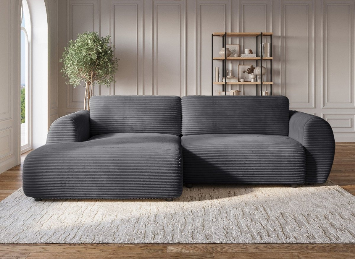 Canapé d'angle convertible avec coffre en velours gros côtelé doux gris TILDA - Angle gauche - DécoInParis