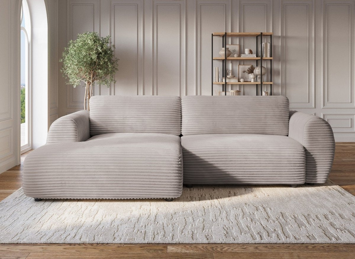 Canapé d'angle convertible avec coffre en velours gros côtelé doux taupe TILDA - Angle gauche - DécoInParis