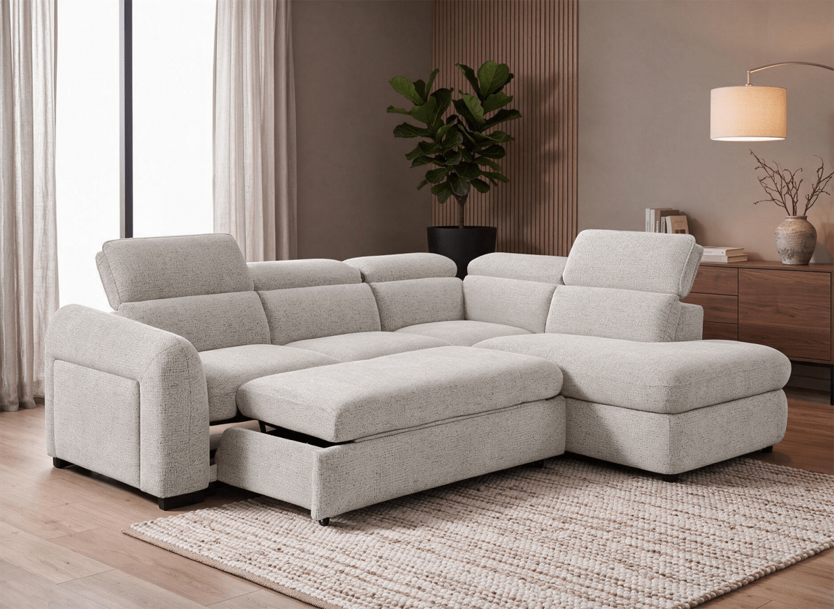 Canapé d'angle convertible avec coffre en velours texturé beige MADISON - Angle droit - DécoInParis