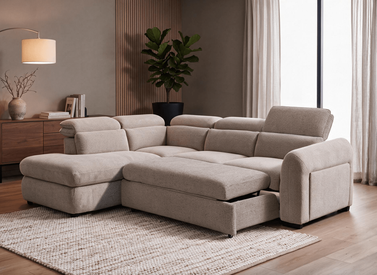 Canapé d'angle convertible avec coffre en velours texturé taupe MADISON - Angle gauche - DécoInParis