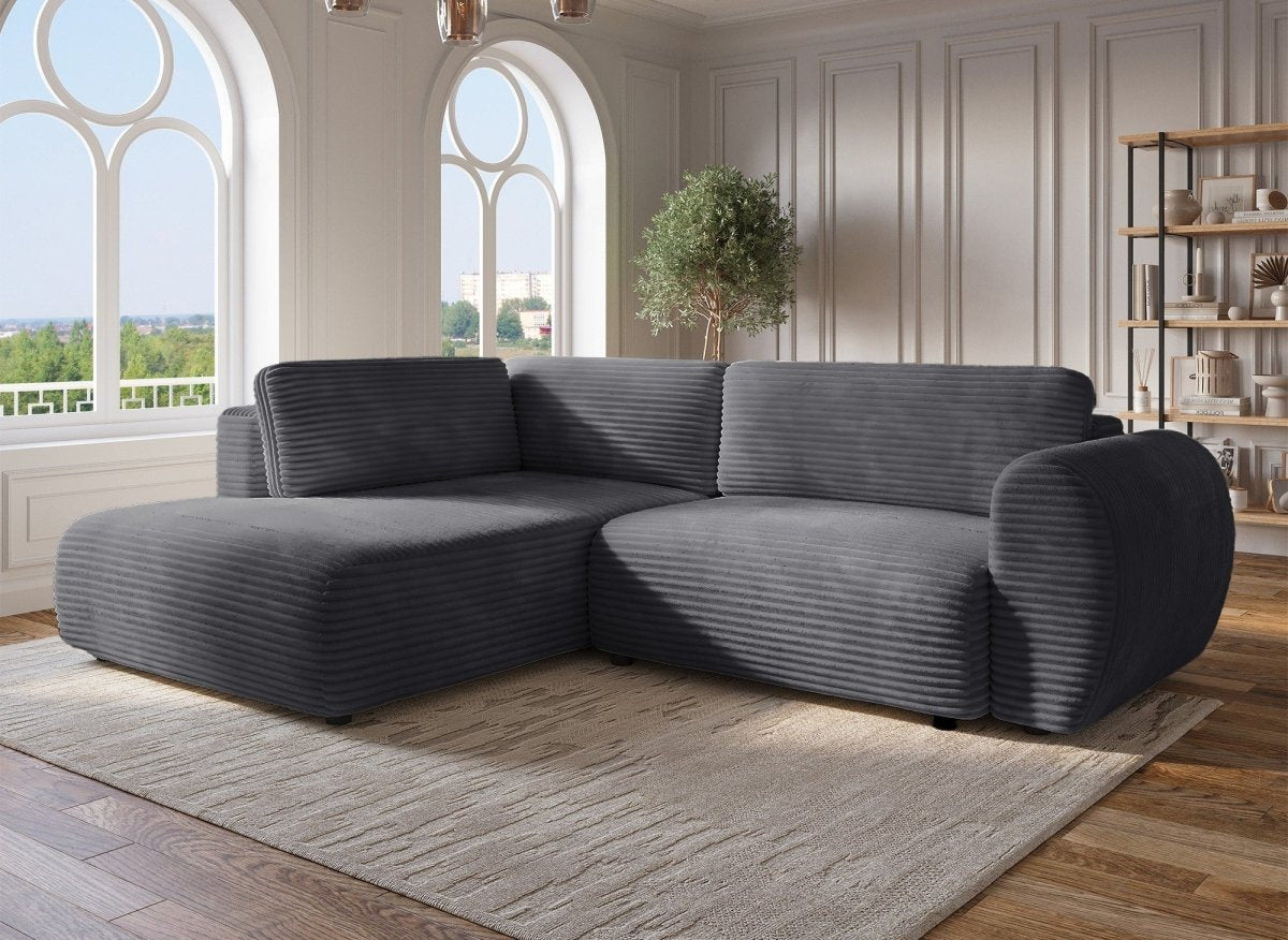 Canapé d'angle convertible avec méridienne et coffre en gros côtelé doux gris TILDA - Angle gauche - DécoInParis