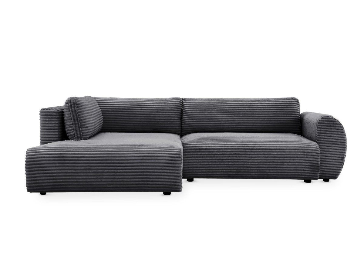 Canapé d'angle convertible avec méridienne et coffre en gros côtelé doux gris TILDA - Angle gauche - DécoInParis
