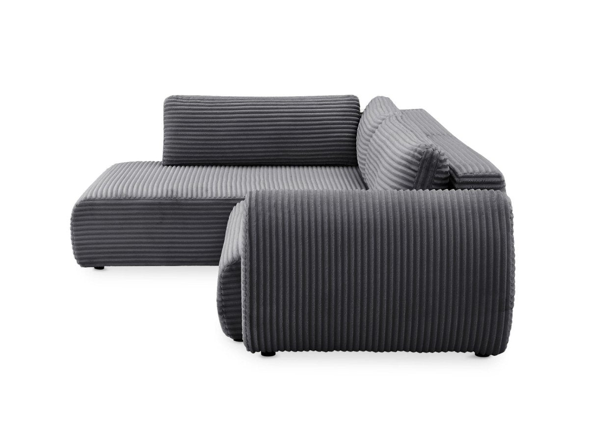 Canapé d'angle convertible avec méridienne et coffre en gros côtelé doux gris TILDA - Angle gauche - DécoInParis