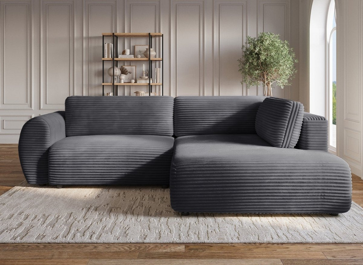 Canapé d'angle convertible avec méridienne et coffre en gros côtelé gris TILDA - Angle droit - DécoInParis