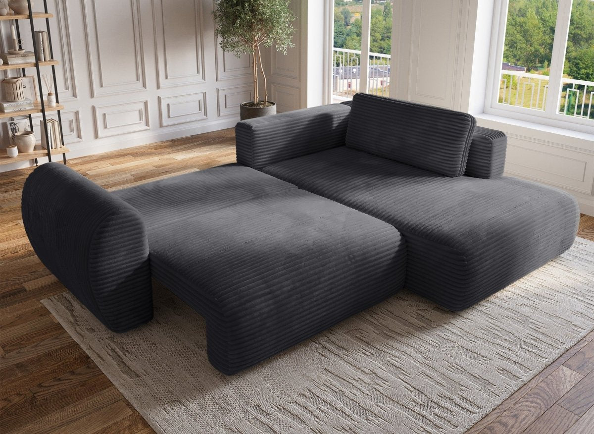 Canapé d'angle convertible avec méridienne et coffre en gros côtelé gris TILDA - Angle droit - DécoInParis