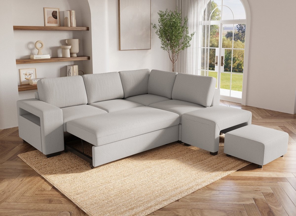 Canapé d'angle convertible en tissu beige ALBAN - Angle droit - DécoInParis