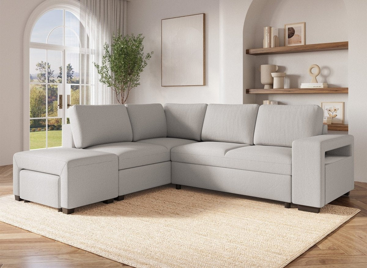 Canapé d'angle convertible en tissu beige ALBAN - Angle gauche - DécoInParis