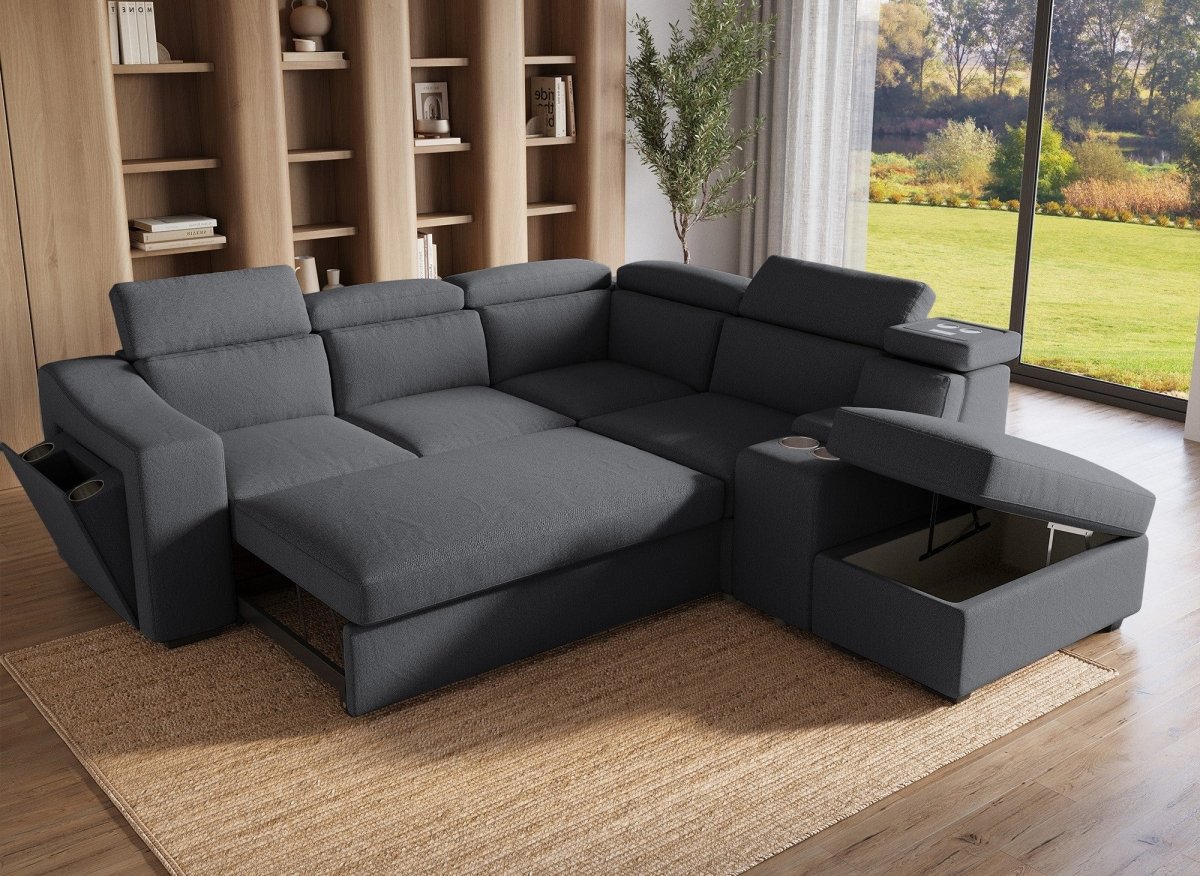 Canapé d'angle convertible en tissu gris foncé DEREK XL - Angle droit - DécoInParis