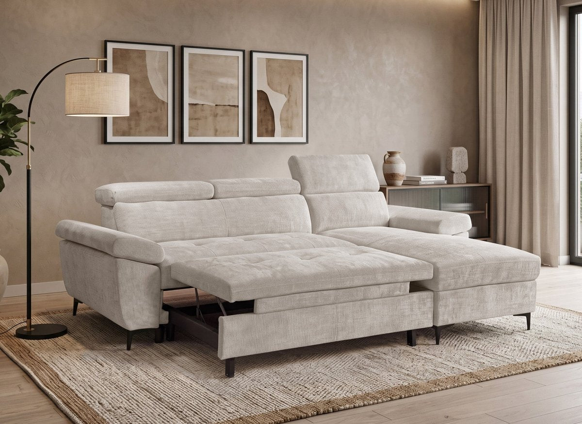 Canapé d'angle convertible en velours chiné beige MONICA - Angle droit - DécoInParis