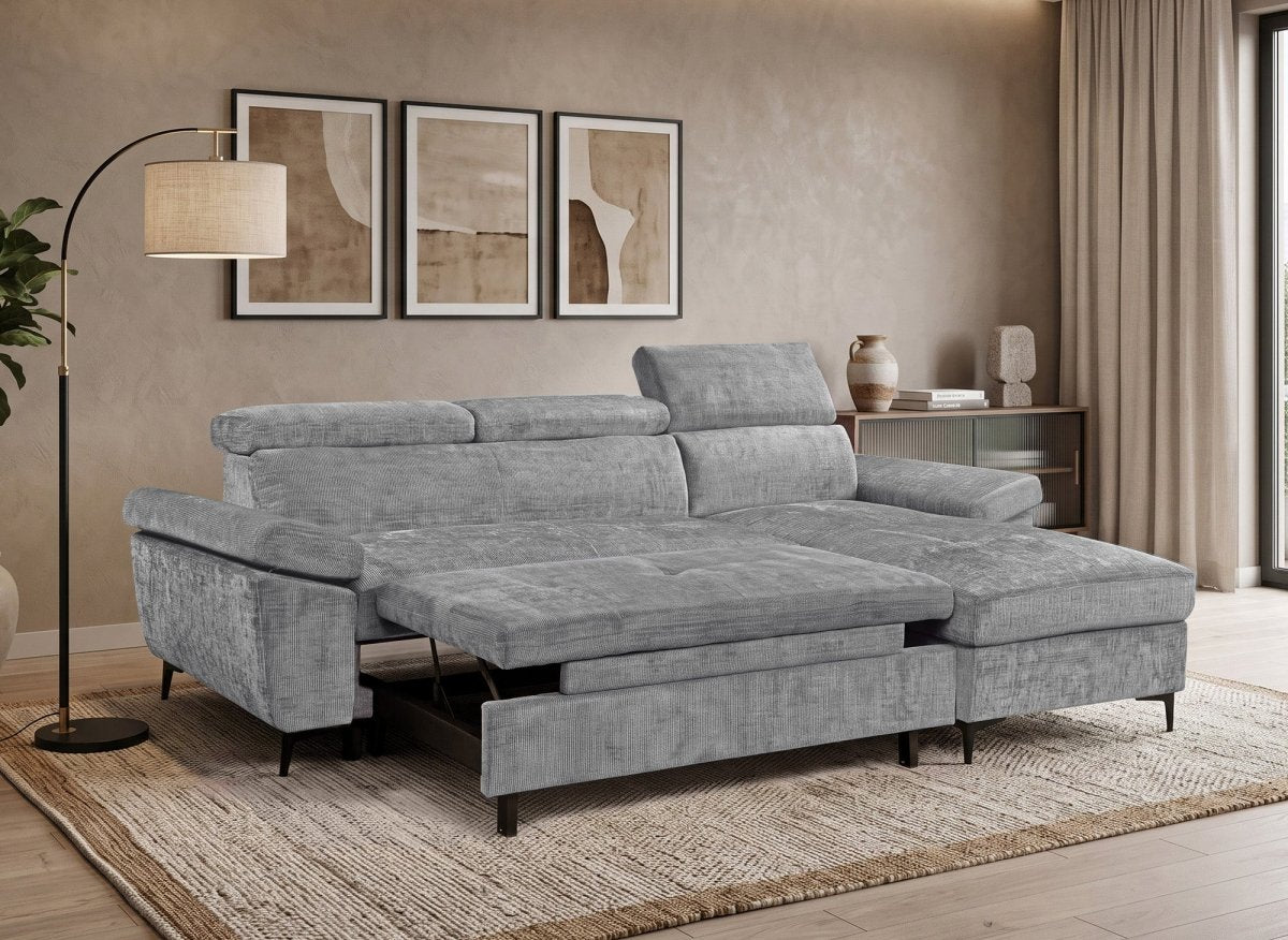 Canapé d'angle convertible en velours chiné gris foncé MONICA - Angle droit - DécoInParis
