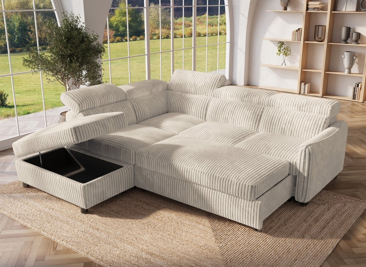 Canapé d'angle convertible en velours côtelé épais beige NAIROBI - Angle gauche - DécoInParis