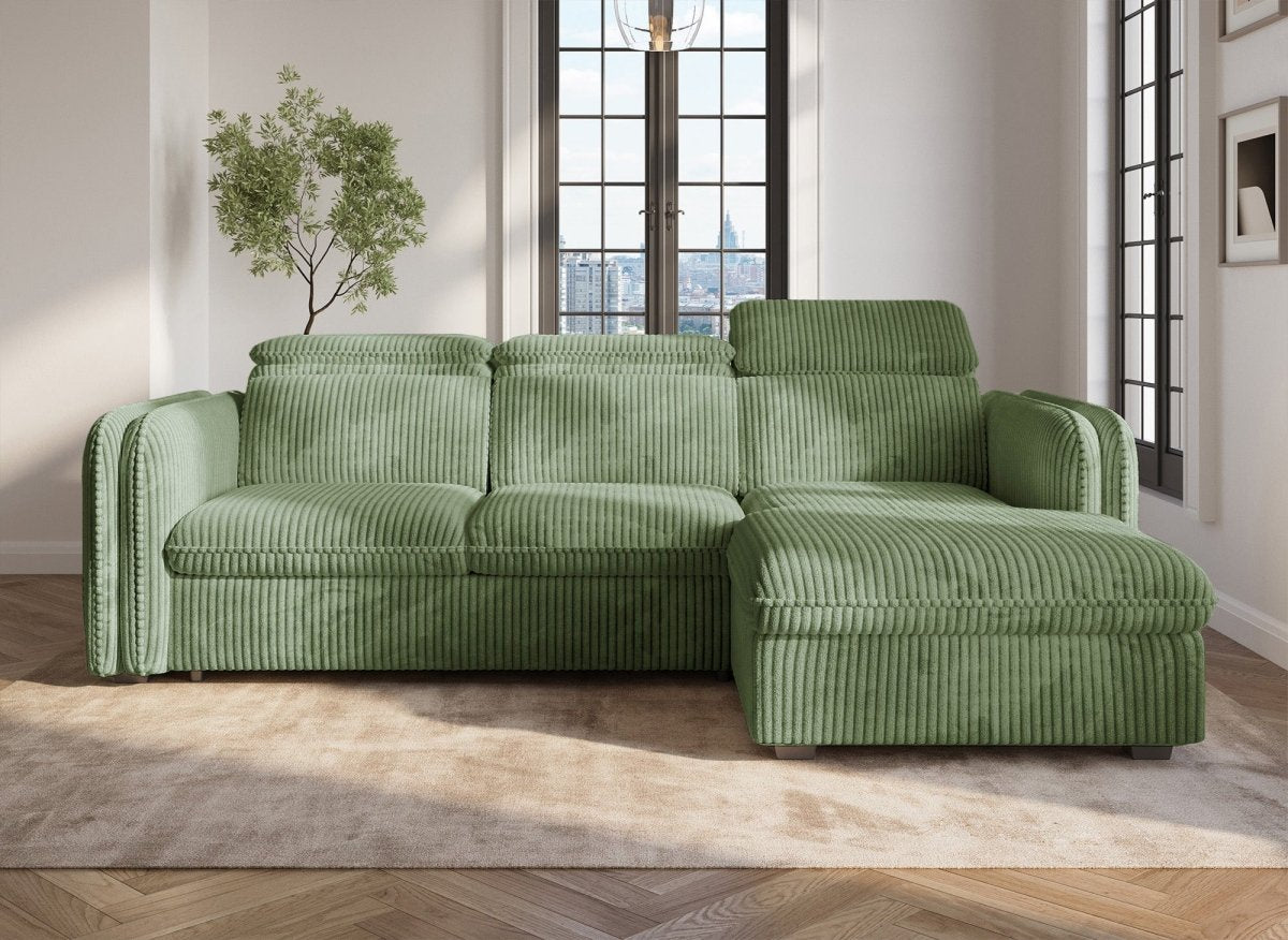 Canapé d'angle convertible en velours côtelé épais vert clair ISABELLA - Angle droit - DécoInParis