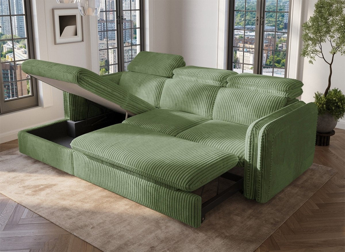 Canapé d'angle convertible en velours côtelé épais vert clair ISABELLA - Angle gauche - DécoInParis