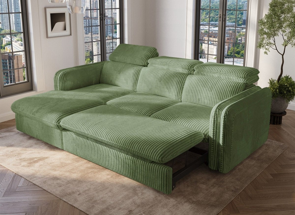 Canapé d'angle convertible en velours côtelé épais vert clair ISABELLA - Angle gauche - DécoInParis