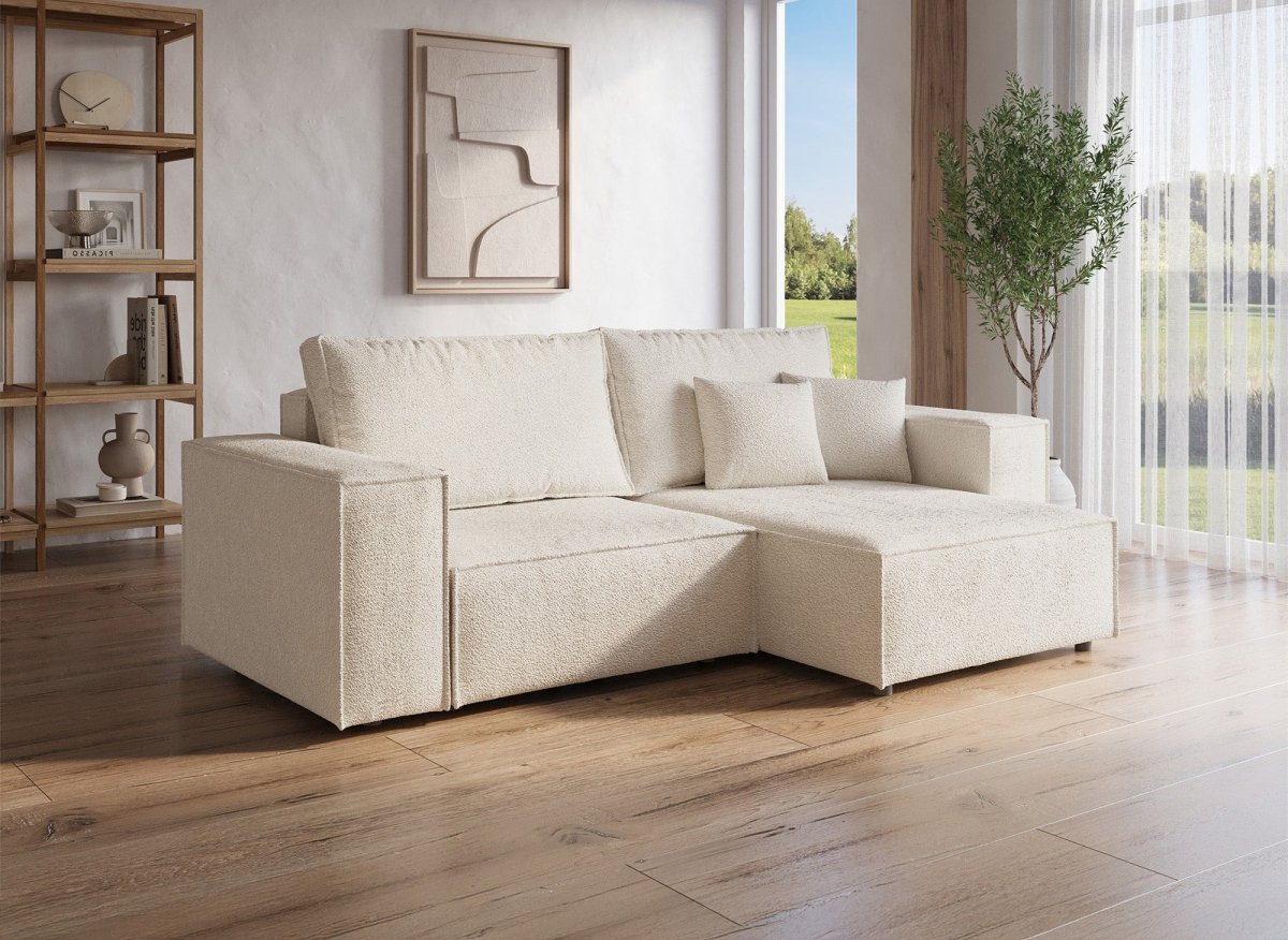 Canapé d'angle convertible et réversible avec coffre en tissu bouclette beige JADE MINI - DécoInParis