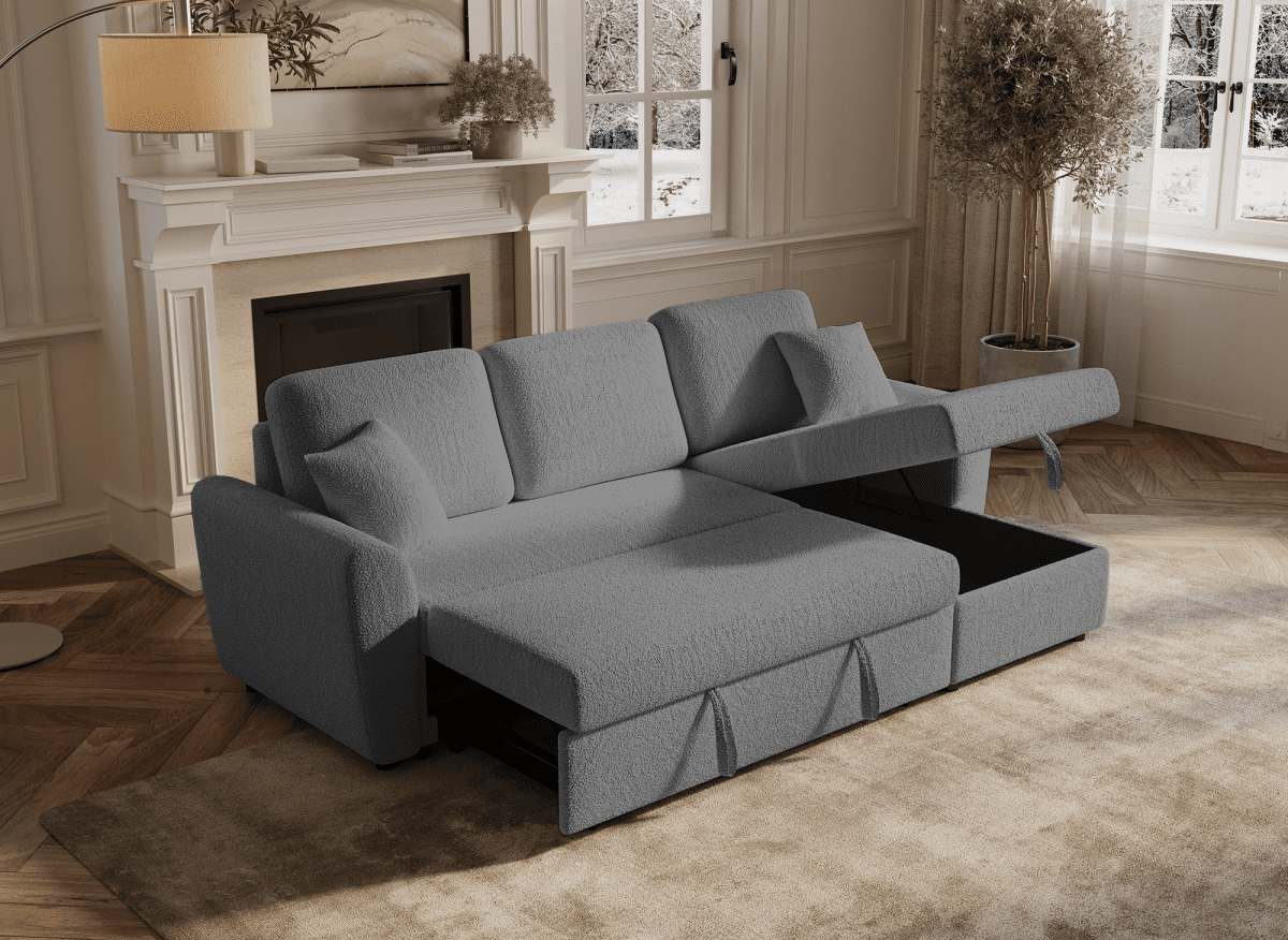 Canapé d'angle convertible et réversible avec coffre en tissu bouclette gris ADRYEN - DécoInParis