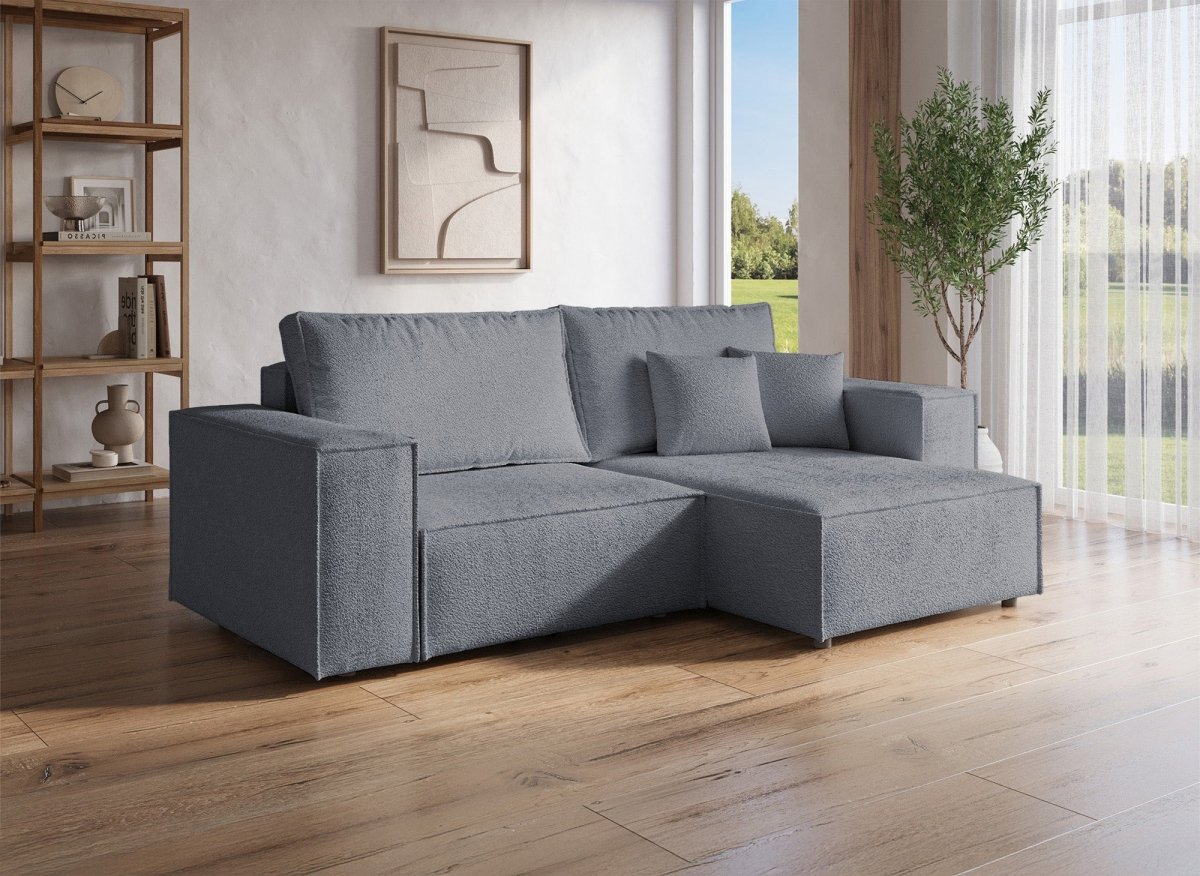 Canapé d'angle convertible et réversible avec coffre en tissu bouclette gris anthracite JADE MINI - DécoInParis