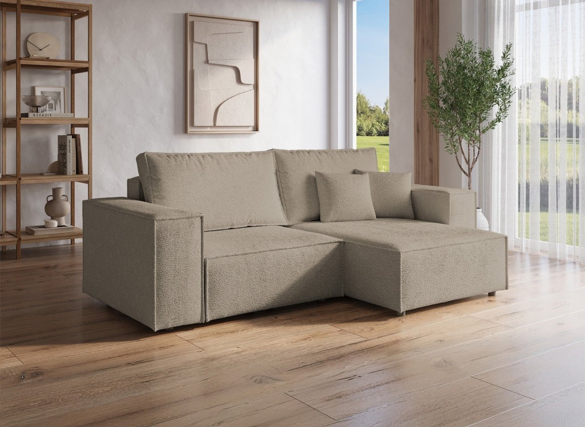 Canapé d'angle convertible et réversible avec coffre en tissu bouclette taupe JADE MINI - DécoInParis