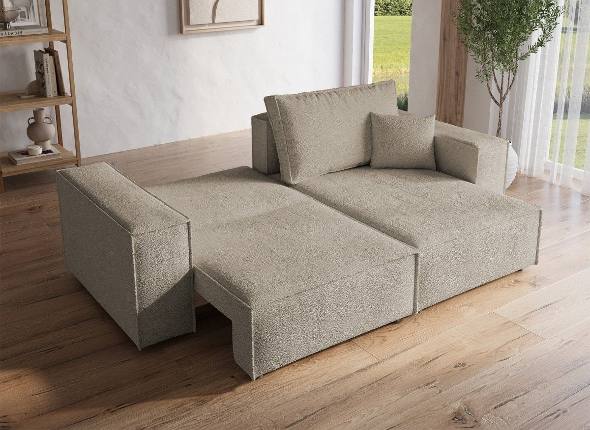 Canapé d'angle convertible et réversible avec coffre en tissu bouclette taupe JADE MINI - DécoInParis