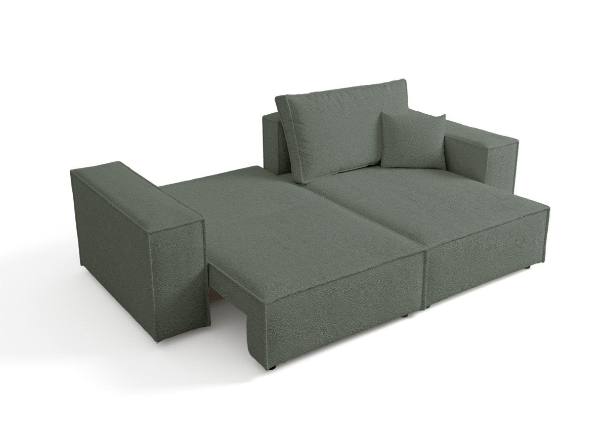 Canapé d'angle convertible et réversible avec coffre en tissu bouclette vert kaki JADE MINI - DécoInParis